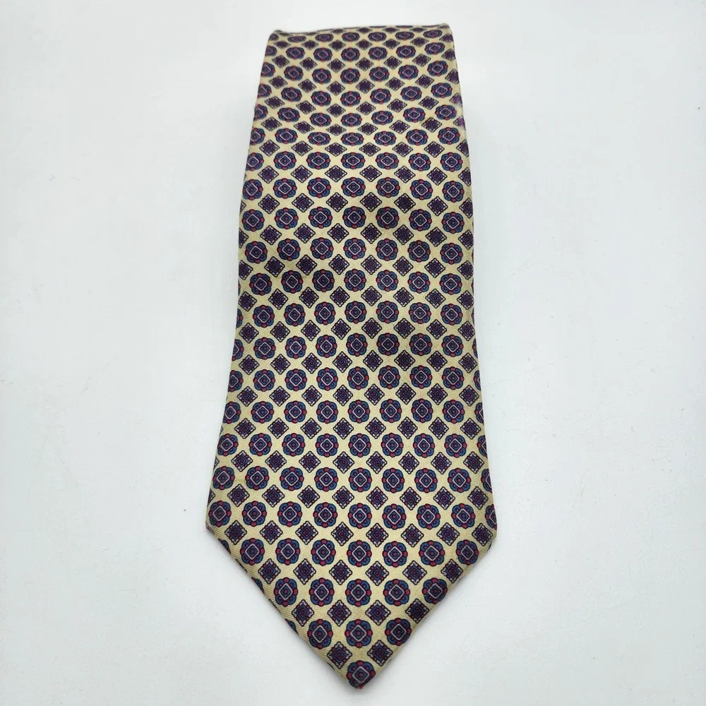 Yves Saint Laurent Neckwear Mens Necktie Yellow Red Geometric Medallion Silk